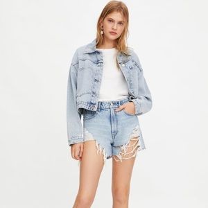 Zara High Rise Ripped Denim Shorts Light Blue 8 30